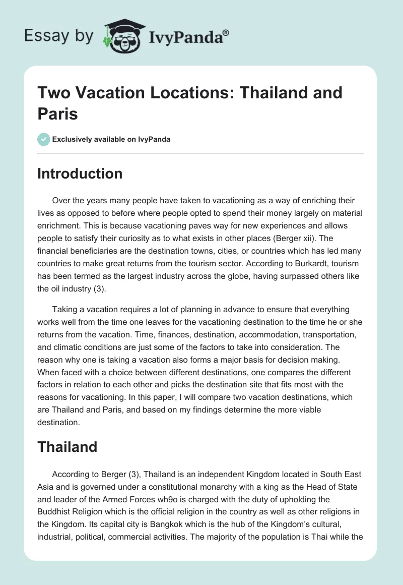 Two Vacation Locations: Thailand and Paris. Page 1