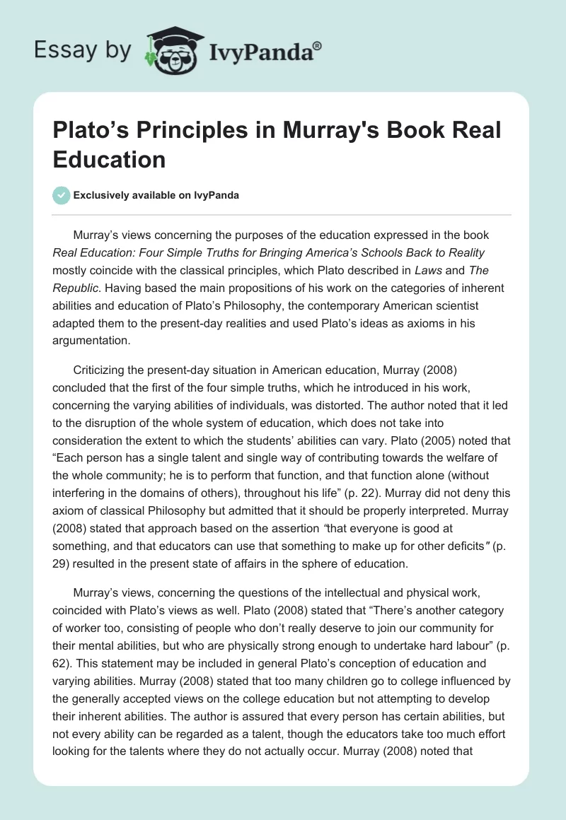 Plato’s Principles in Murray's Book Real Education. Page 1