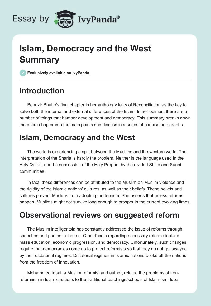 Islam, Democracy and the West Summary. Page 1