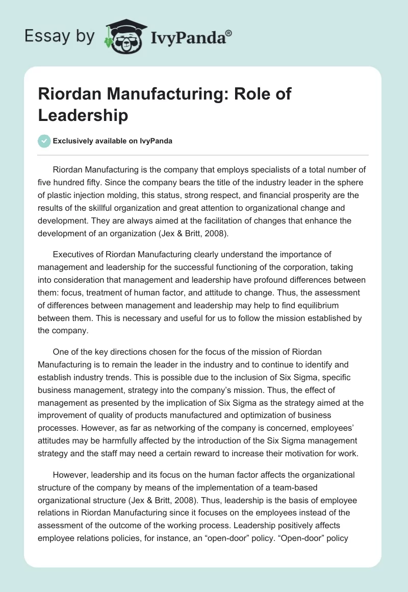 Riordan Manufacturing: Role of Leadership. Page 1