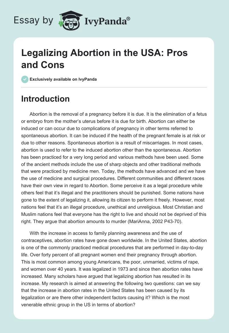 Legalizing Abortion in the USA: Pros and Cons. Page 1