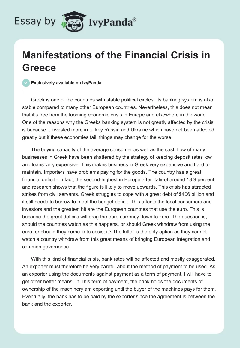 Manifestations of the Financial Crisis in Greece. Page 1