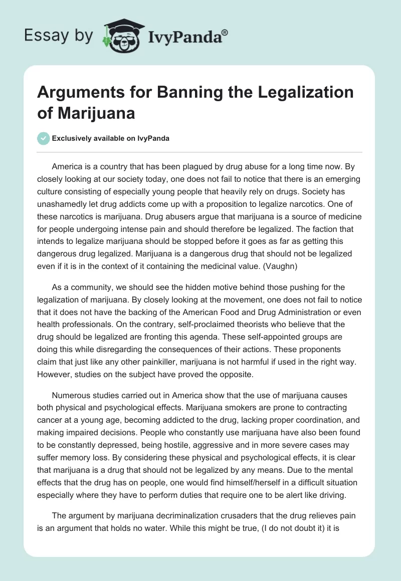 Arguments for Banning the Legalization of Marijuana. Page 1