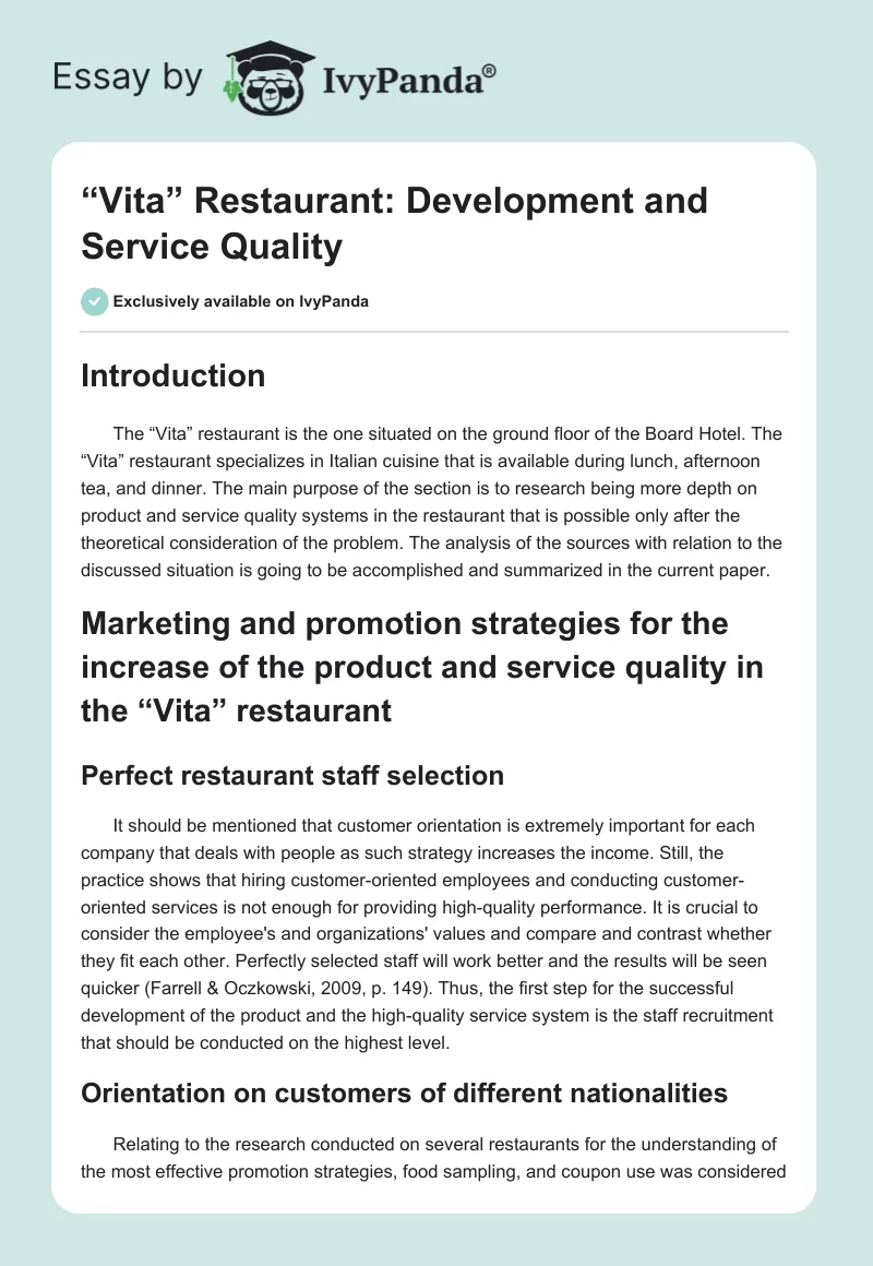“Vita” Restaurant: Development and Service Quality. Page 1