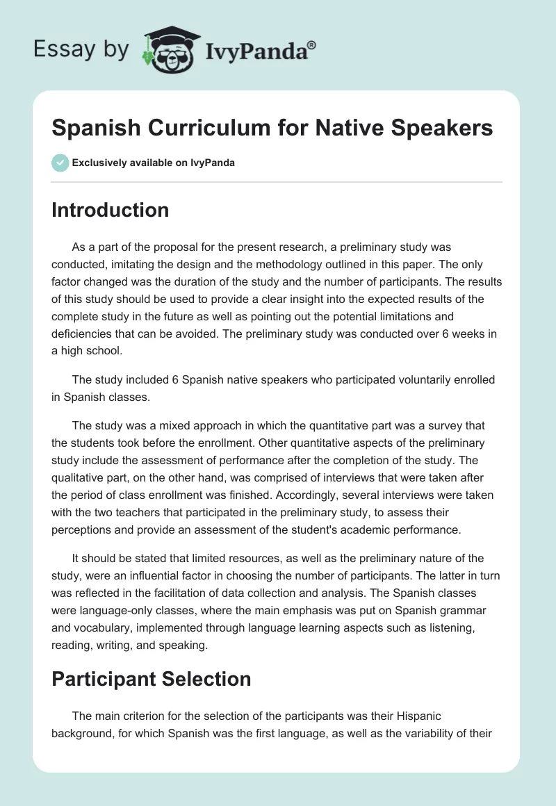 Spanish Curriculum for Native Speakers. Page 1