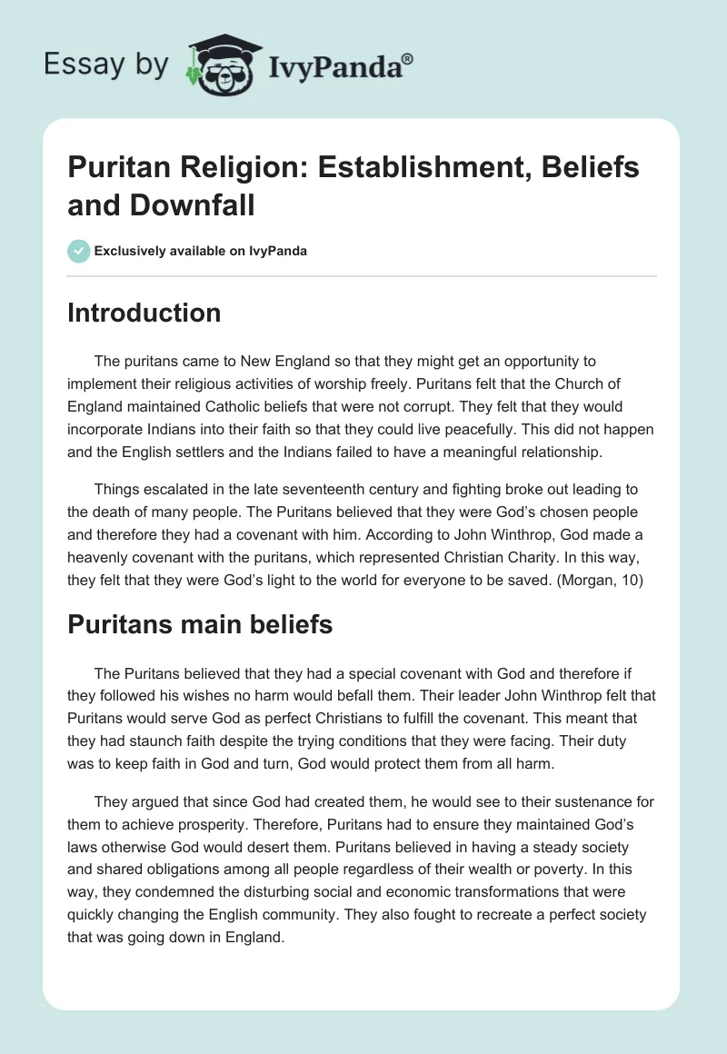 Puritan Religion: Establishment, Beliefs and Downfall. Page 1
