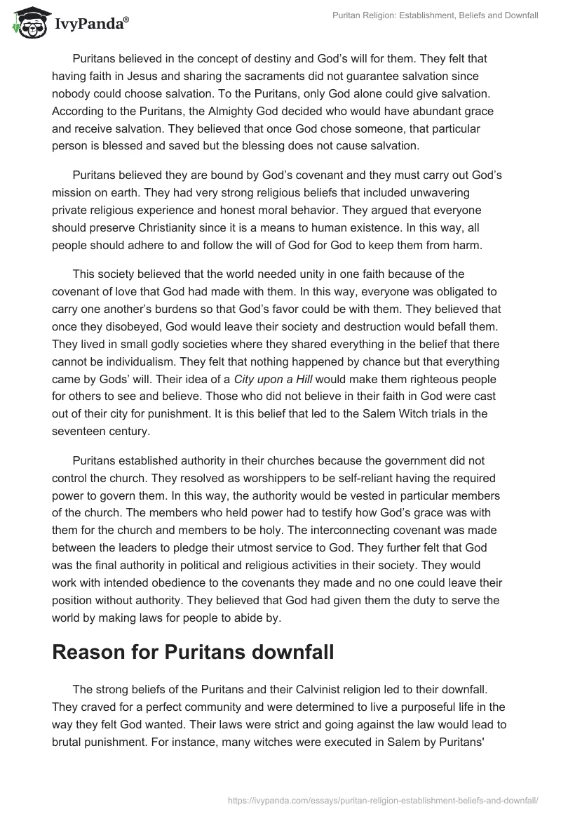 Puritan Religion: Establishment, Beliefs and Downfall. Page 2
