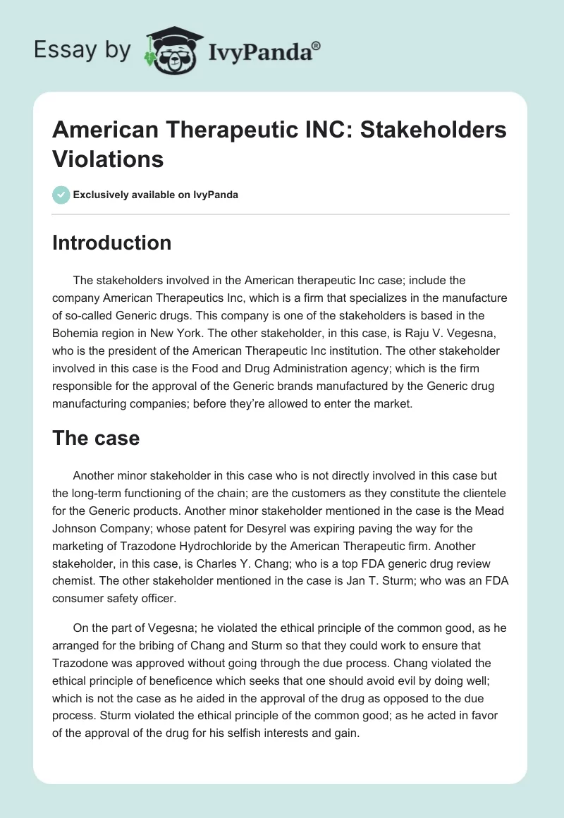American Therapeutic INC: Stakeholders Violations. Page 1
