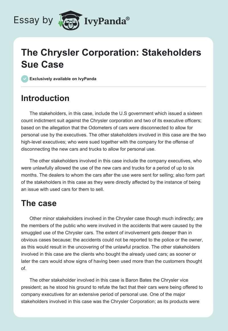 The Chrysler Corporation: Stakeholders Sue Case. Page 1