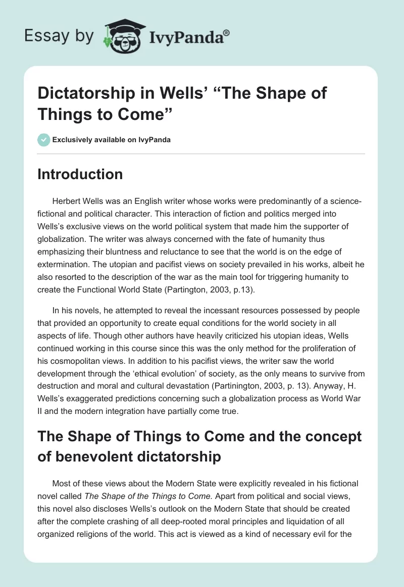 Dictatorship in Wells’ “The Shape of Things to Come”. Page 1