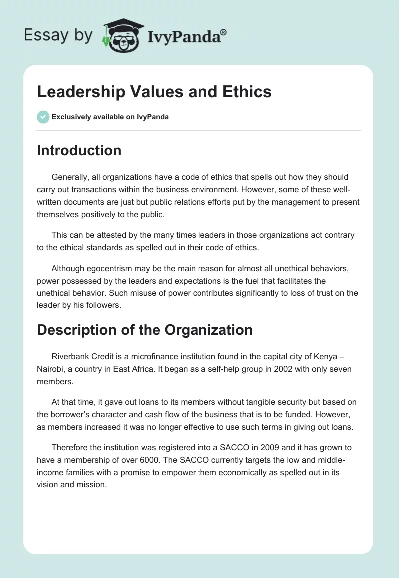 Leadership Values and Ethics. Page 1