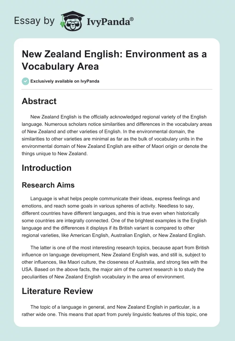 New Zealand English: Environment as a Vocabulary Area. Page 1