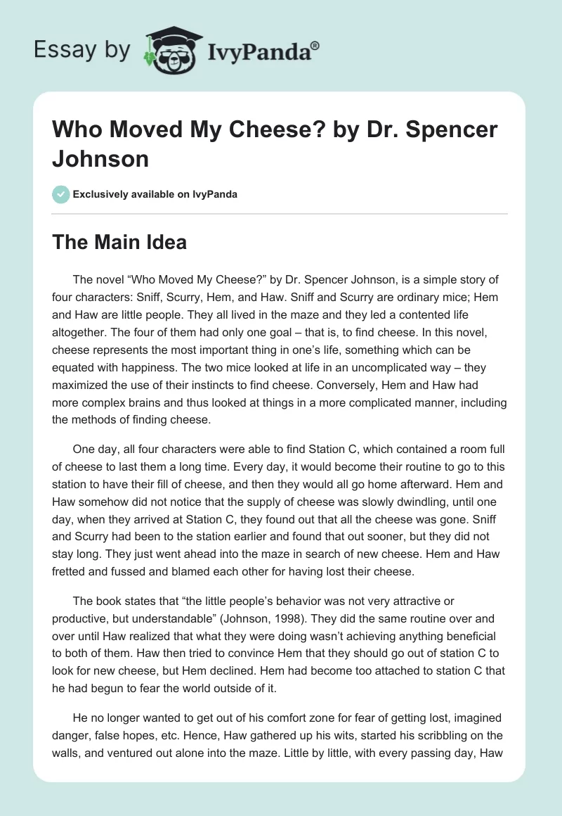 "Who Moved My Cheese?" by Dr. Spencer Johnson. Page 1
