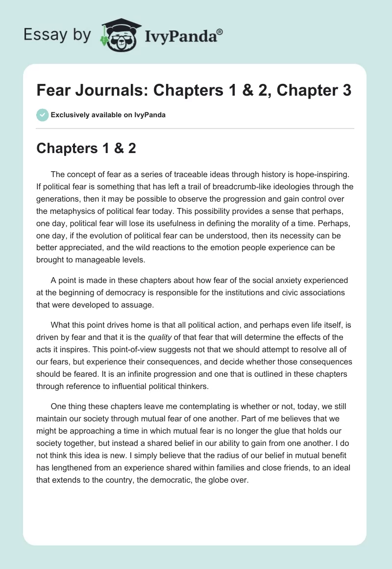 Fear Journals: Chapters 1 & 2, Chapter 3. Page 1