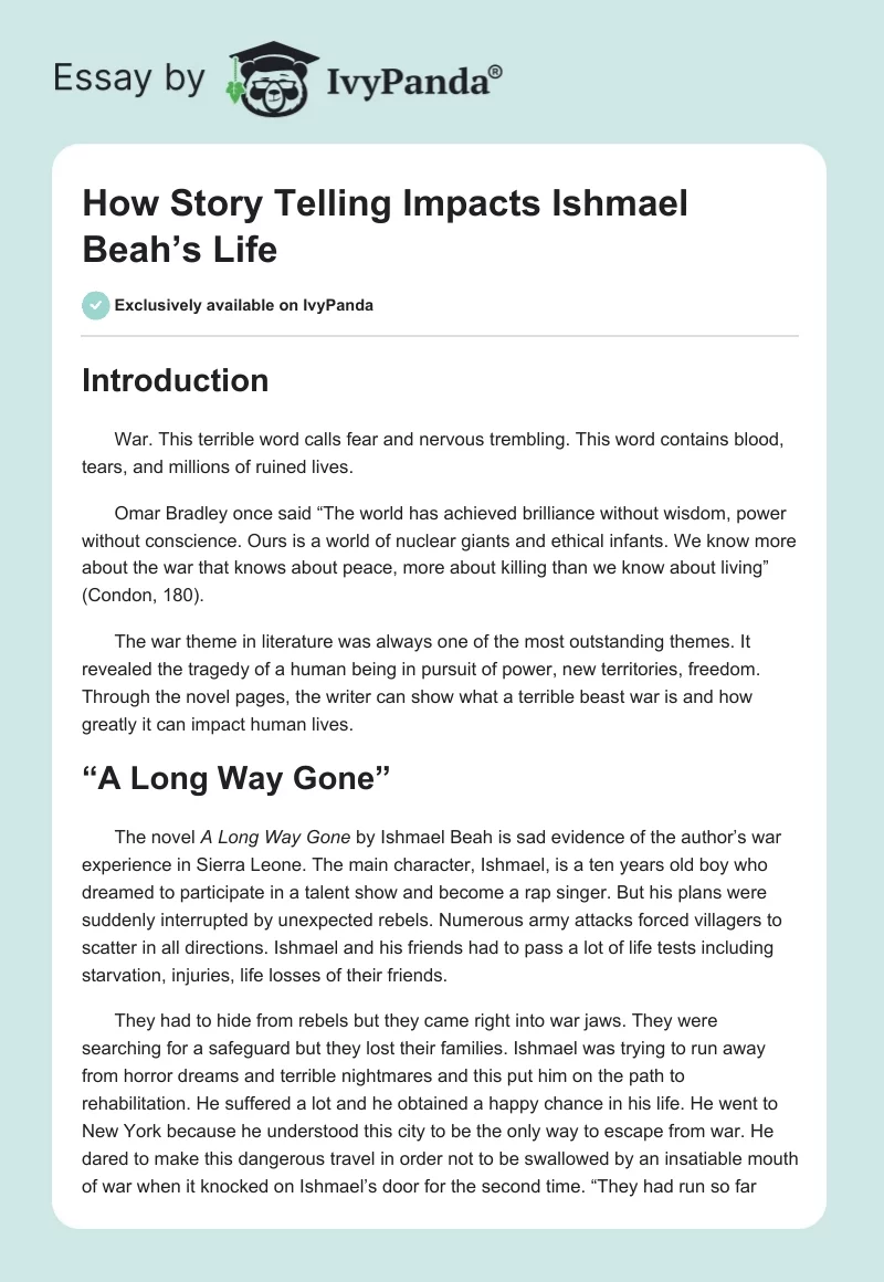 How Story Telling Impacts Ishmael Beah’s Life. Page 1