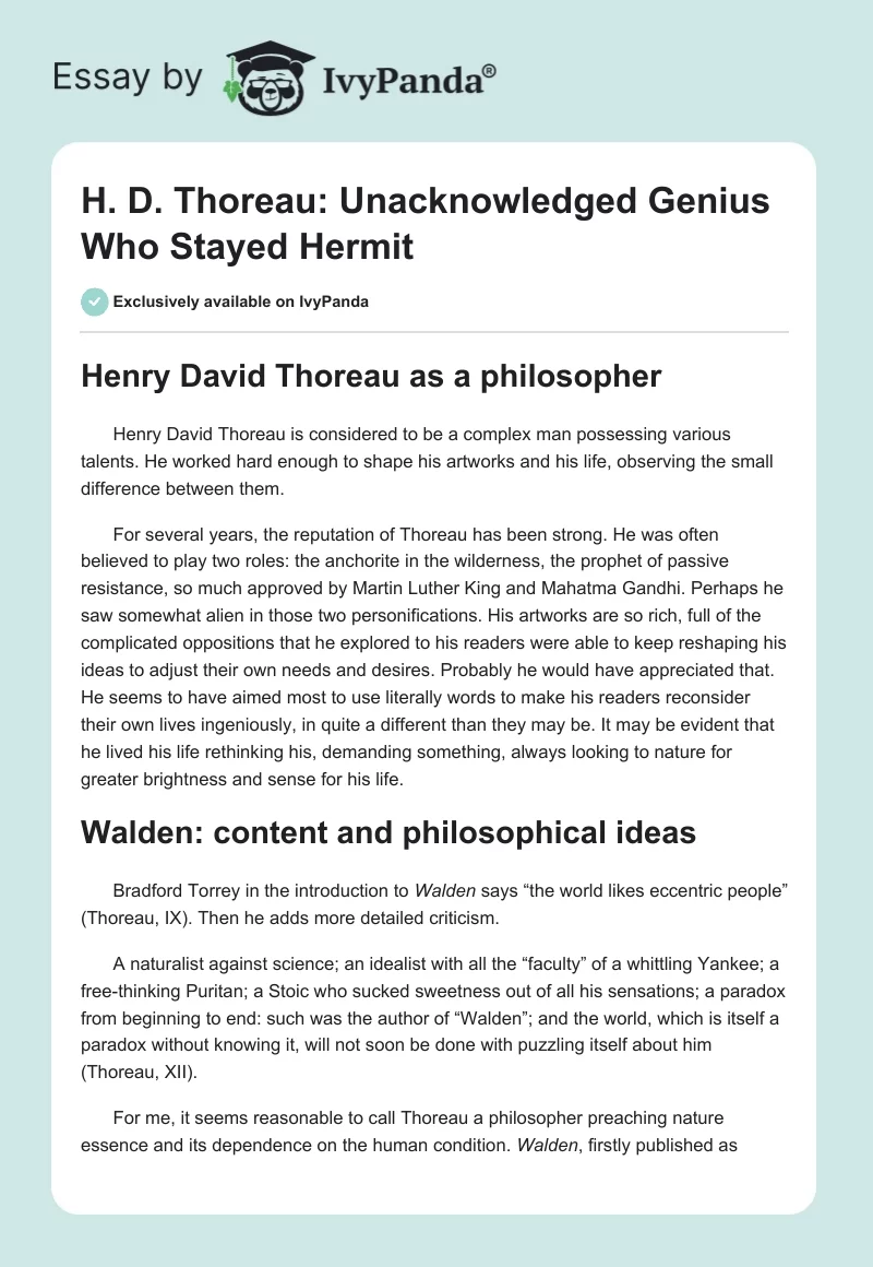 H. D. Thoreau: Unacknowledged Genius Who Stayed Hermit. Page 1