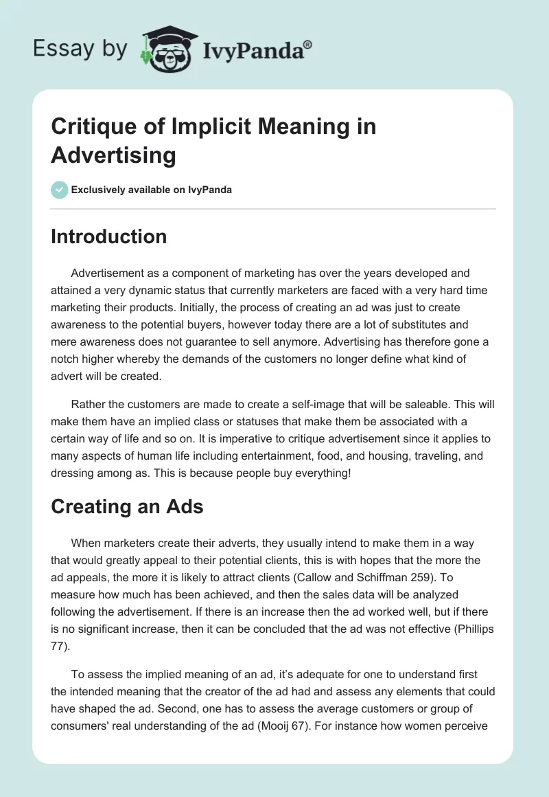 Critique of Implicit Meaning in Advertising. Page 1