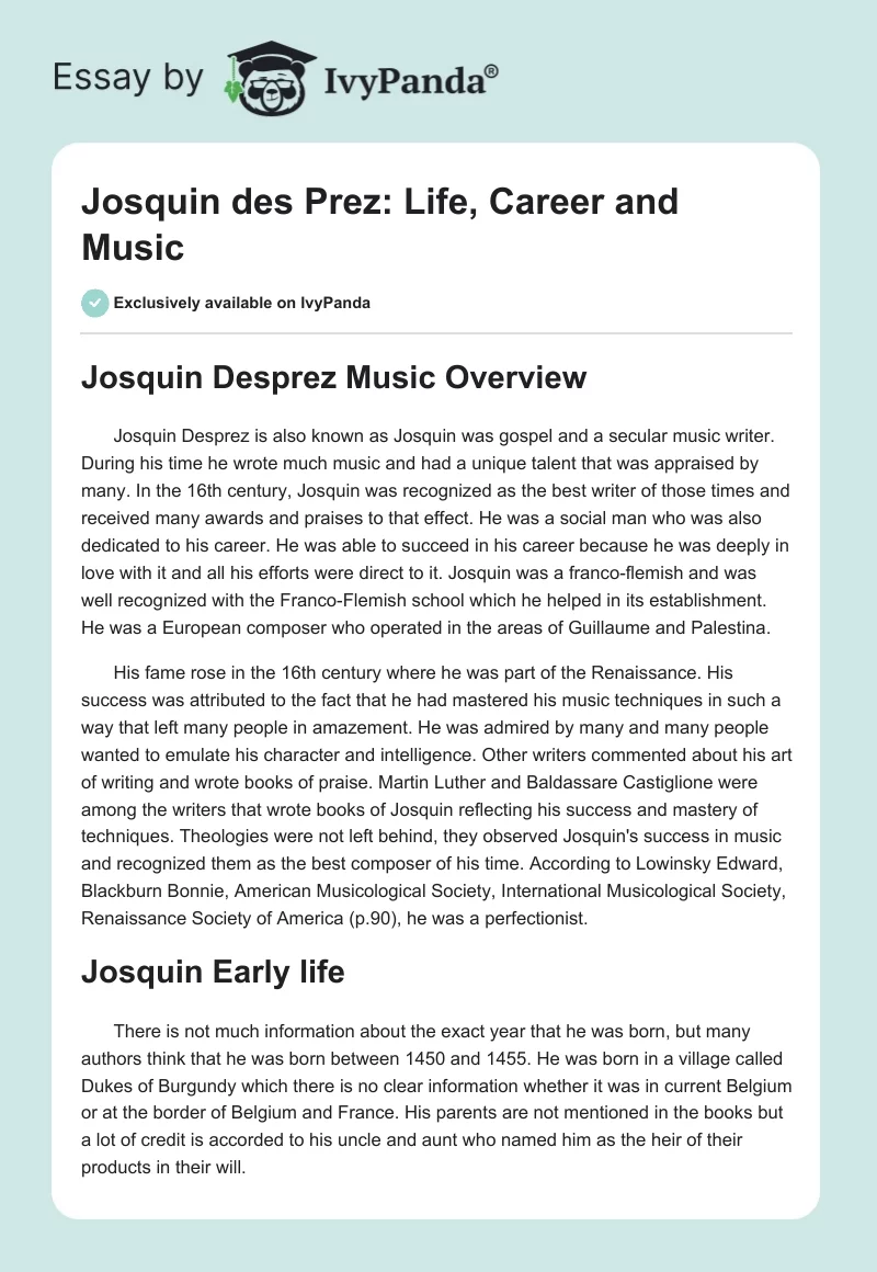Josquin des Prez: Life, Career and Music. Page 1