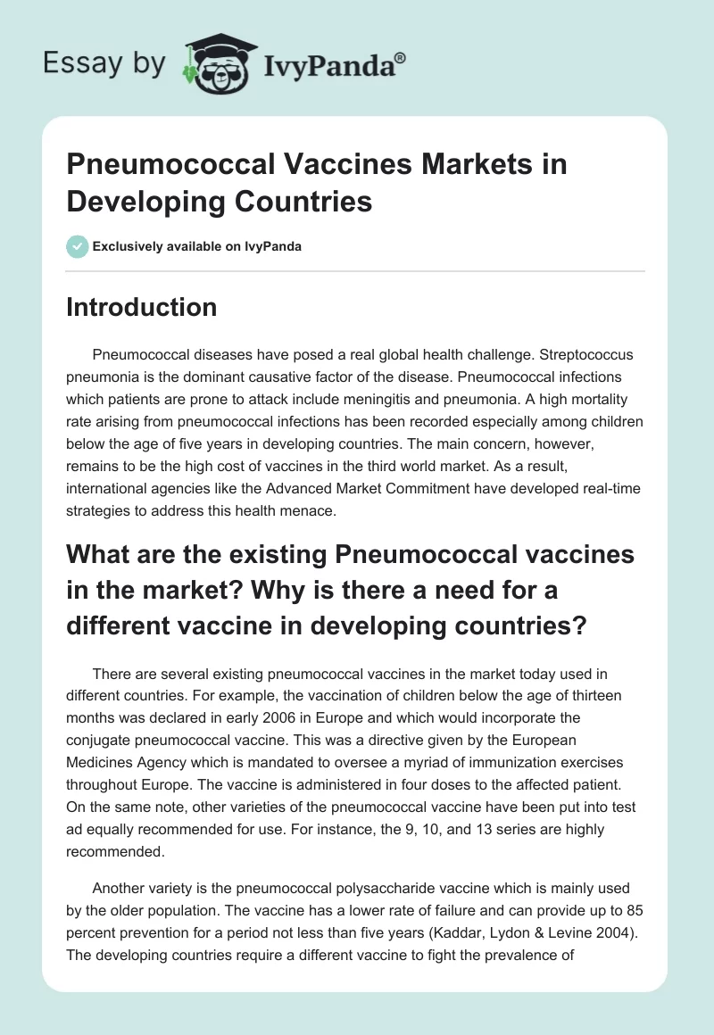 Pneumococcal Vaccines Markets in Developing Countries. Page 1