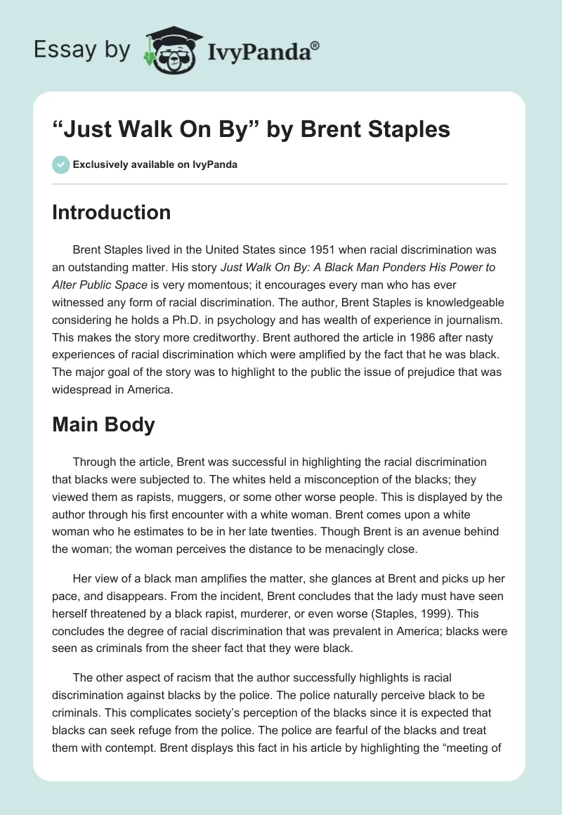 what is the thesis in just walk on by brent staples