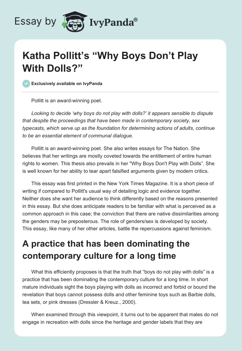 Katha Pollitt’s “Why Boys Don’t Play With Dolls?”. Page 1