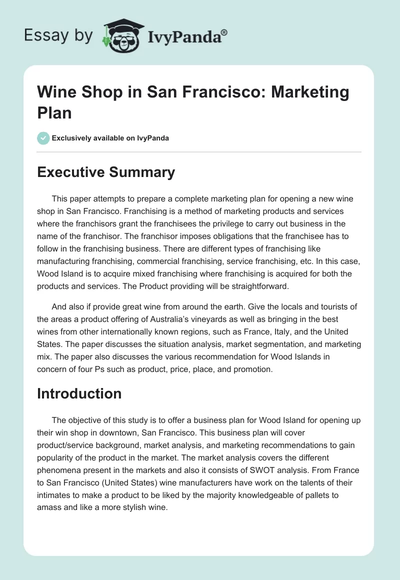 Wine Shop in San Francisco: Marketing Plan. Page 1