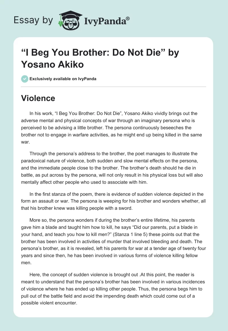 “I Beg You Brother: Do Not Die” by Yosano Akiko. Page 1