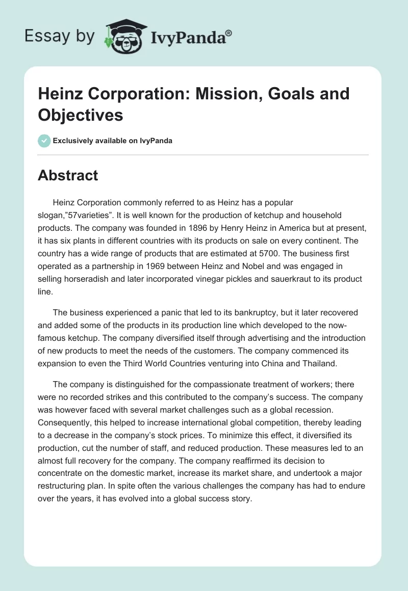 Heinz Corporation: Mission, Goals and Objectives. Page 1