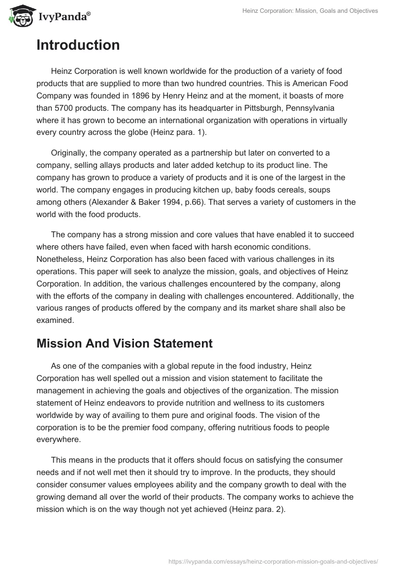 Heinz Corporation: Mission, Goals and Objectives. Page 2