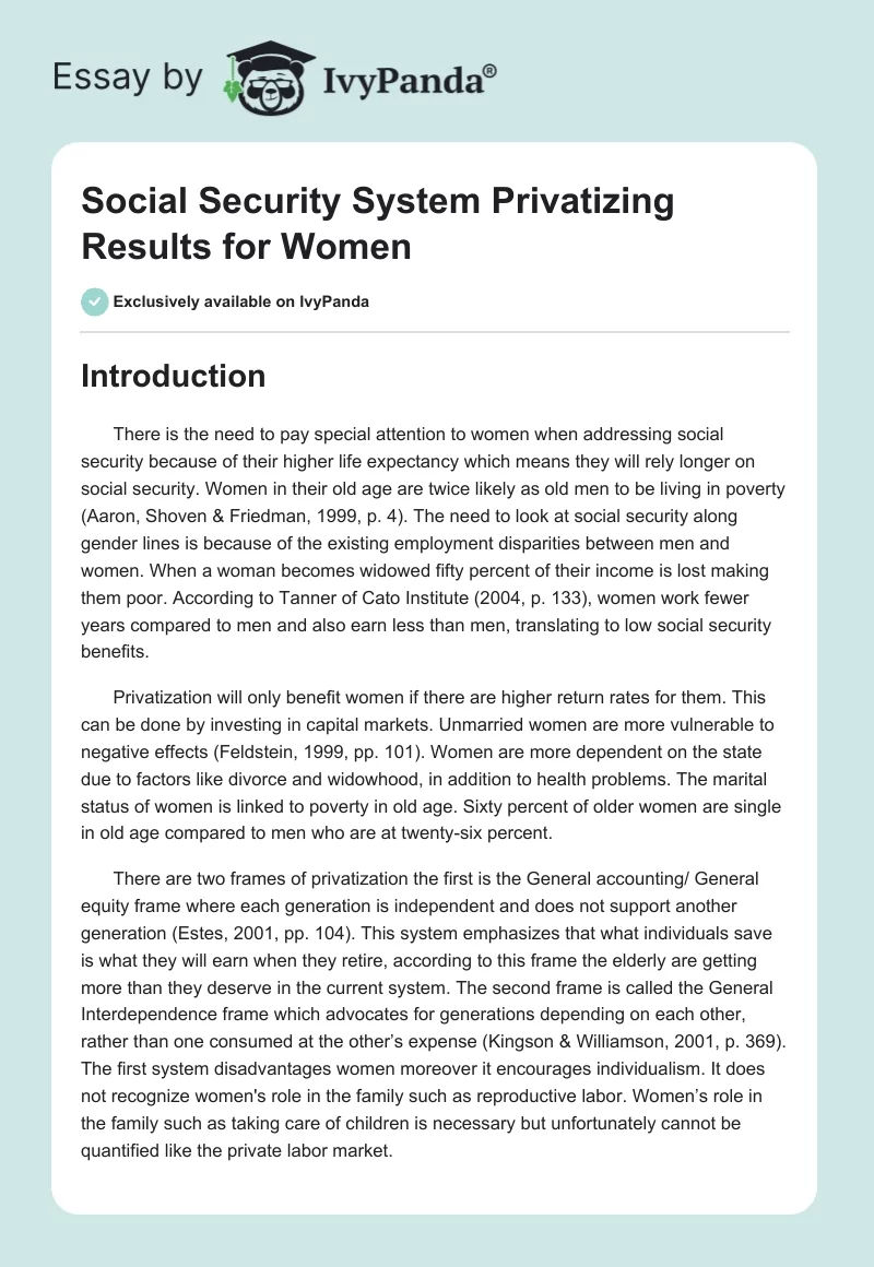 Social Security System Privatizing Results for Women. Page 1