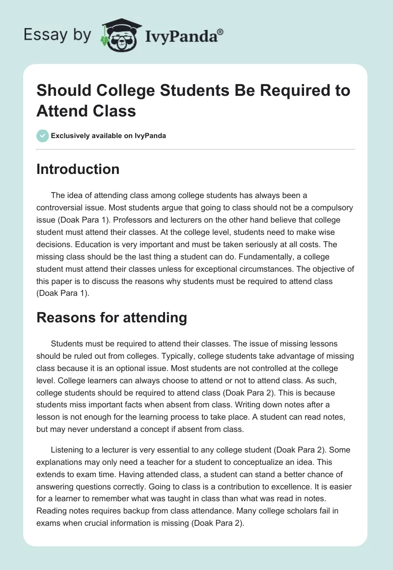 Should College Students Be Required to Attend Class. Page 1