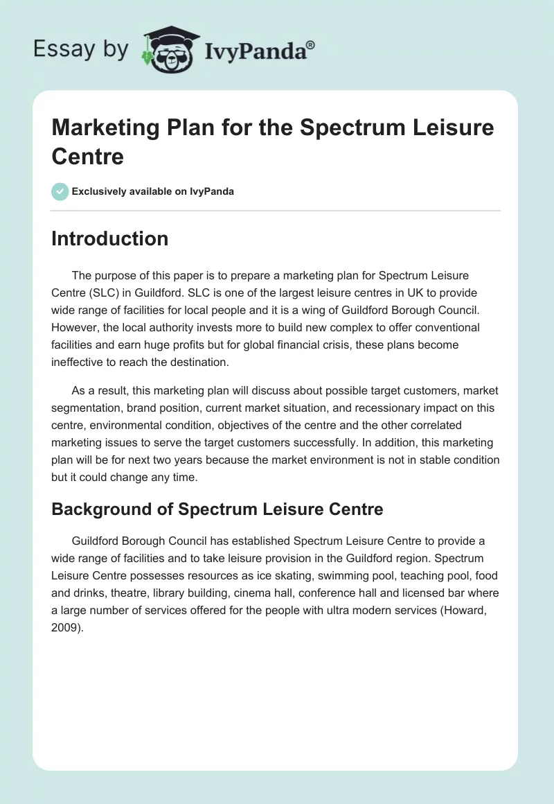 Marketing Plan for the Spectrum Leisure Centre. Page 1