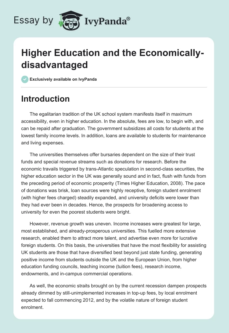 Higher Education and the Economically-disadvantaged. Page 1