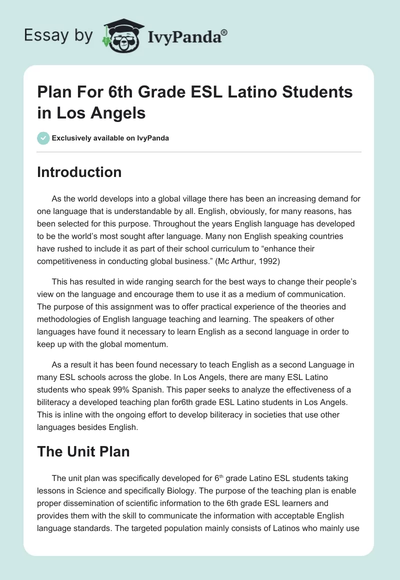 Plan For 6th Grade ESL Latino Students in Los Angels. Page 1