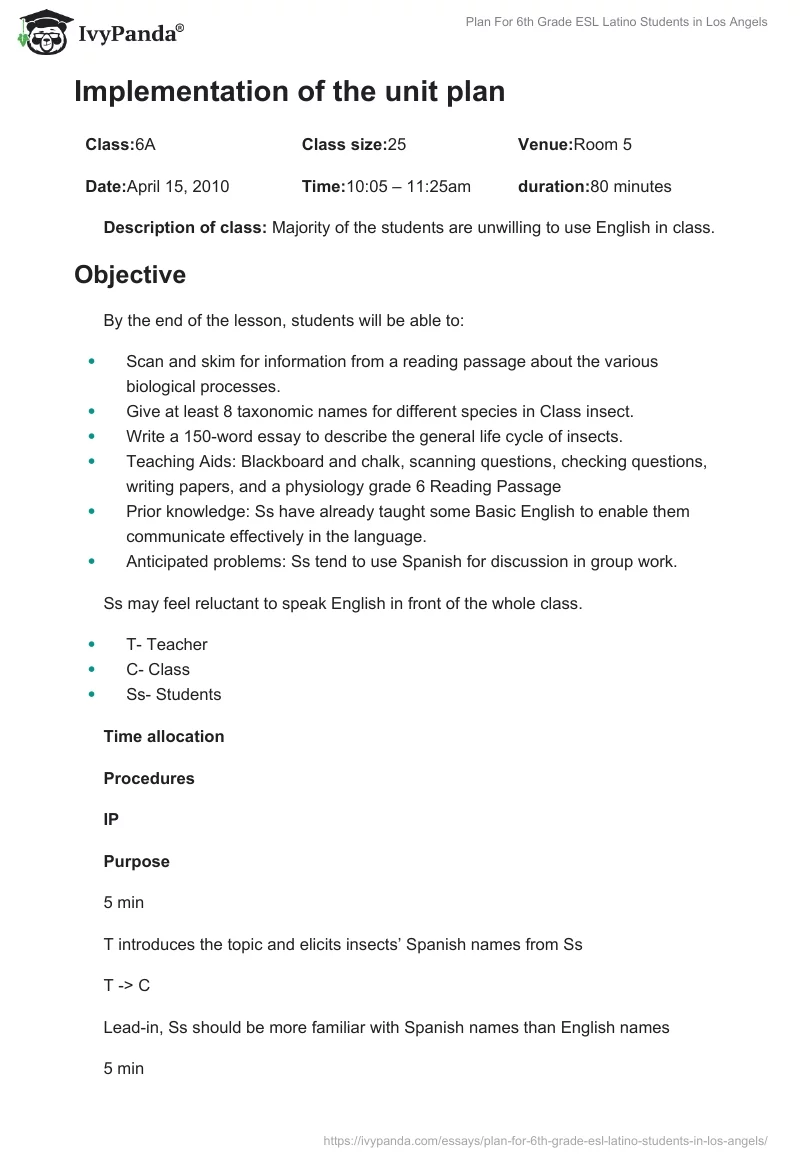 Plan For 6th Grade ESL Latino Students in Los Angels. Page 4