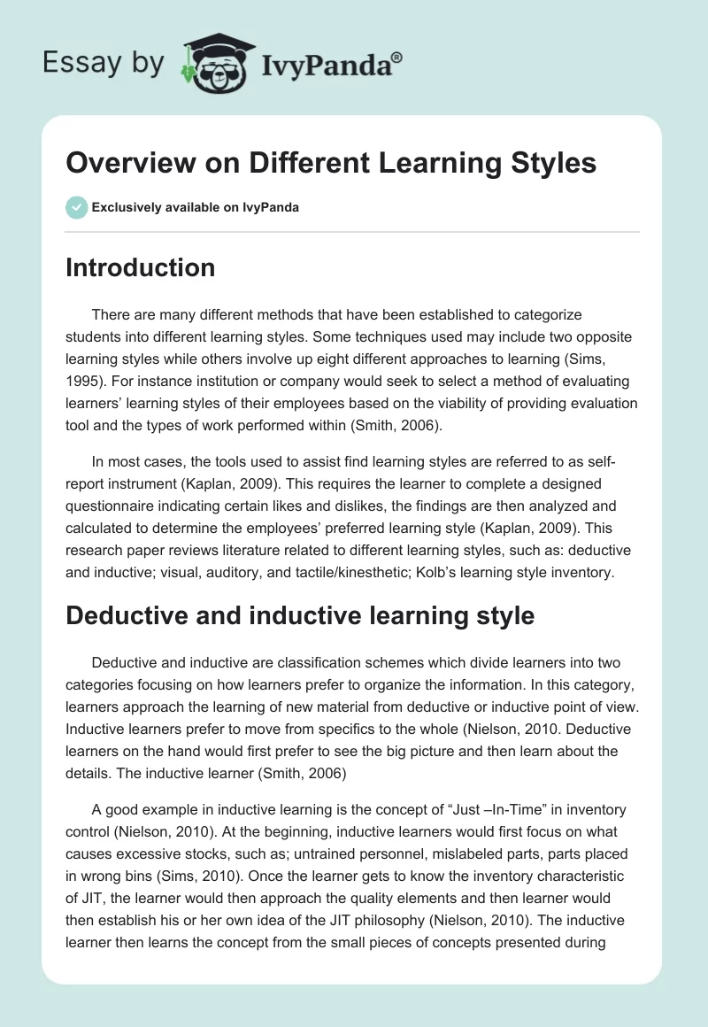 Overview on Different Learning Styles. Page 1