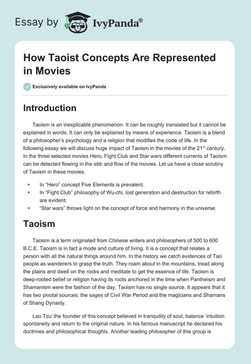 How Taoist Concepts Are Represented in Movies. Page 1