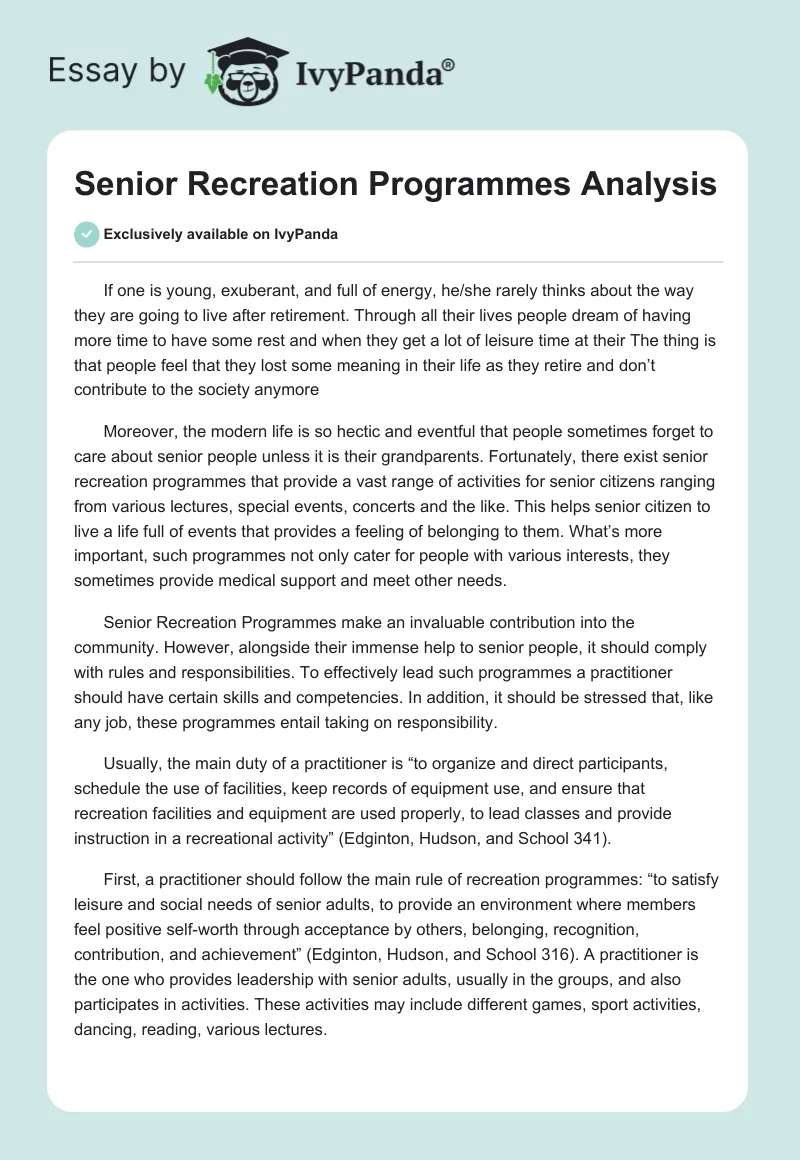 Senior Recreation Programmes Analysis. Page 1