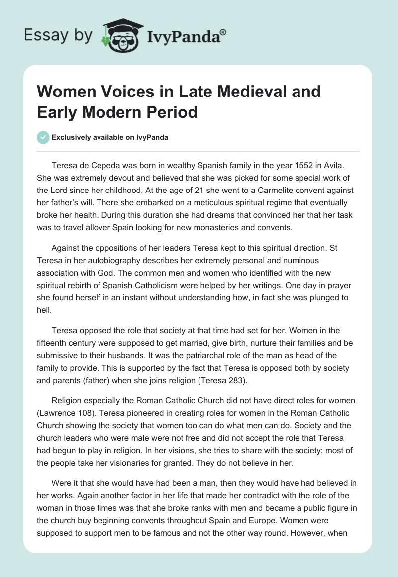 Women Voices in Late Medieval and Early Modern Period. Page 1