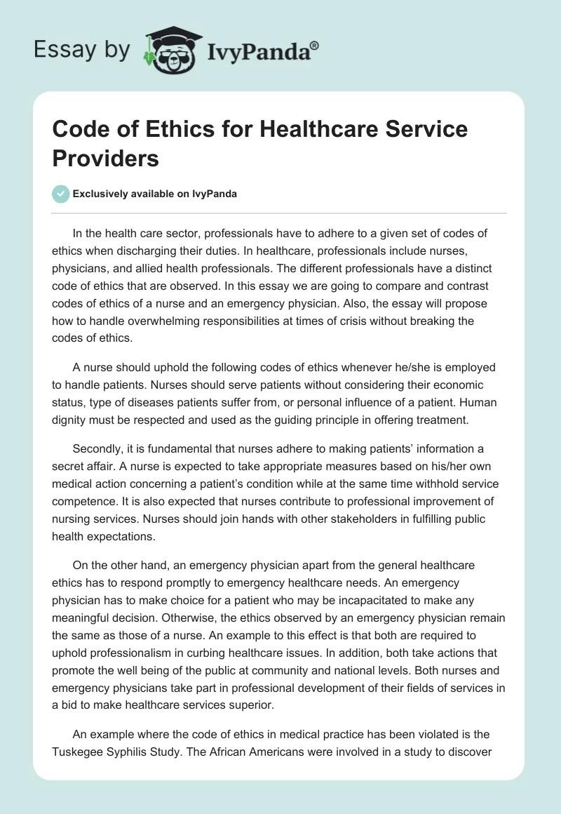 Code of Ethics for Healthcare Service Providers. Page 1
