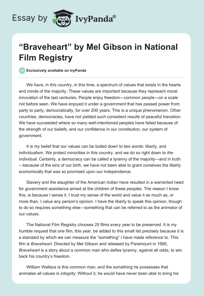 “Braveheart” by Mel Gibson in National Film Registry. Page 1