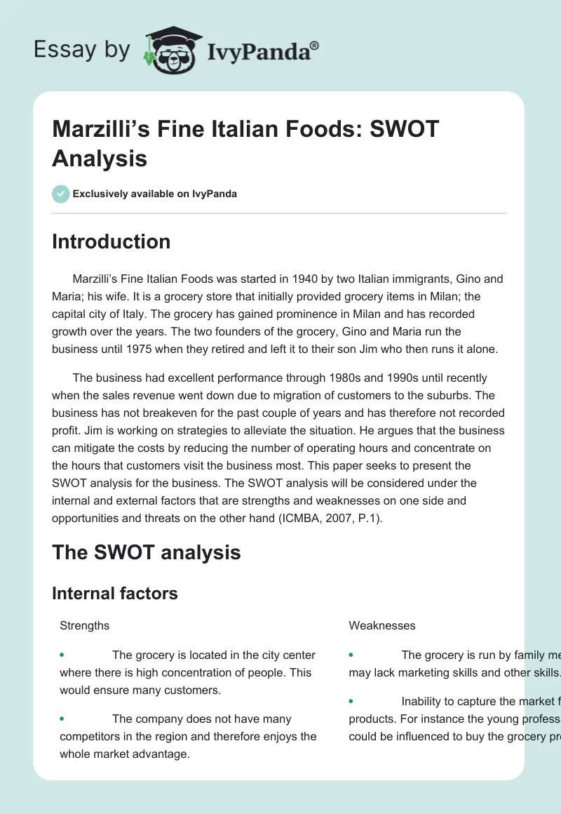 Marzilli’s Fine Italian Foods: SWOT Analysis. Page 1
