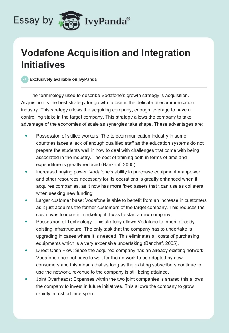 Vodafone Acquisition and Integration Initiatives. Page 1