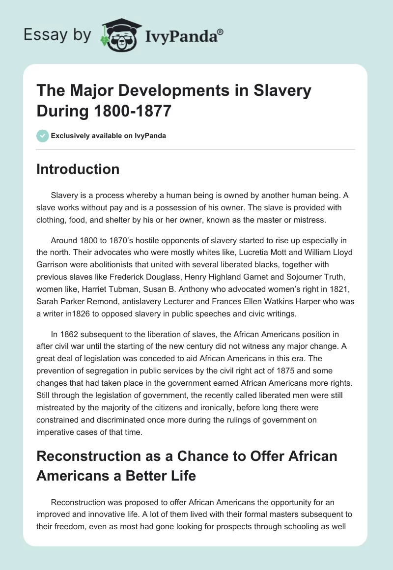 The Major Developments in Slavery During 1800-1877. Page 1