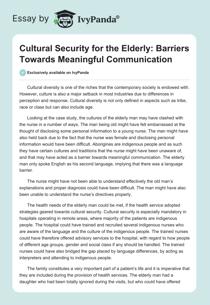 Cultural Security for the Elderly: Barriers Towards Meaningful Communication. Page 1