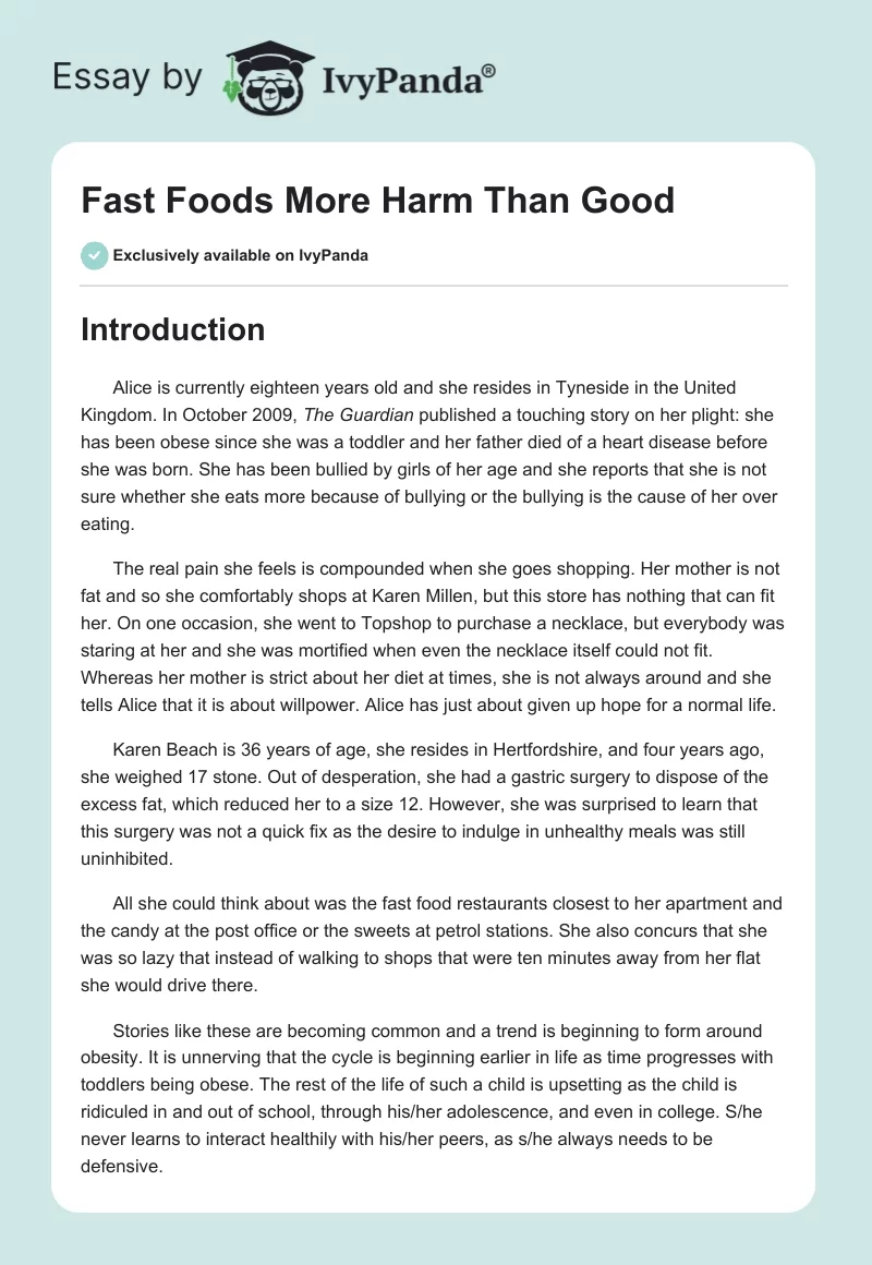 Fast Foods More Harm Than Good. Page 1