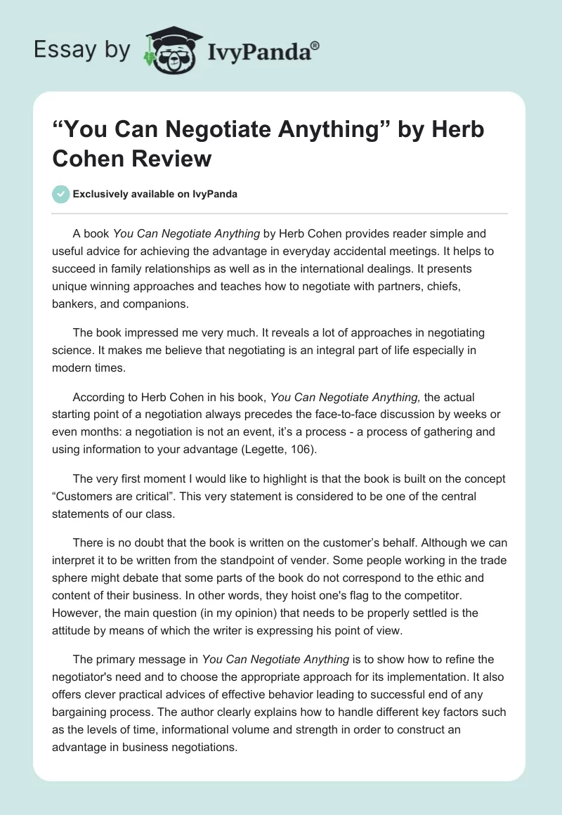 “You Can Negotiate Anything” by Herb Cohen Review. Page 1