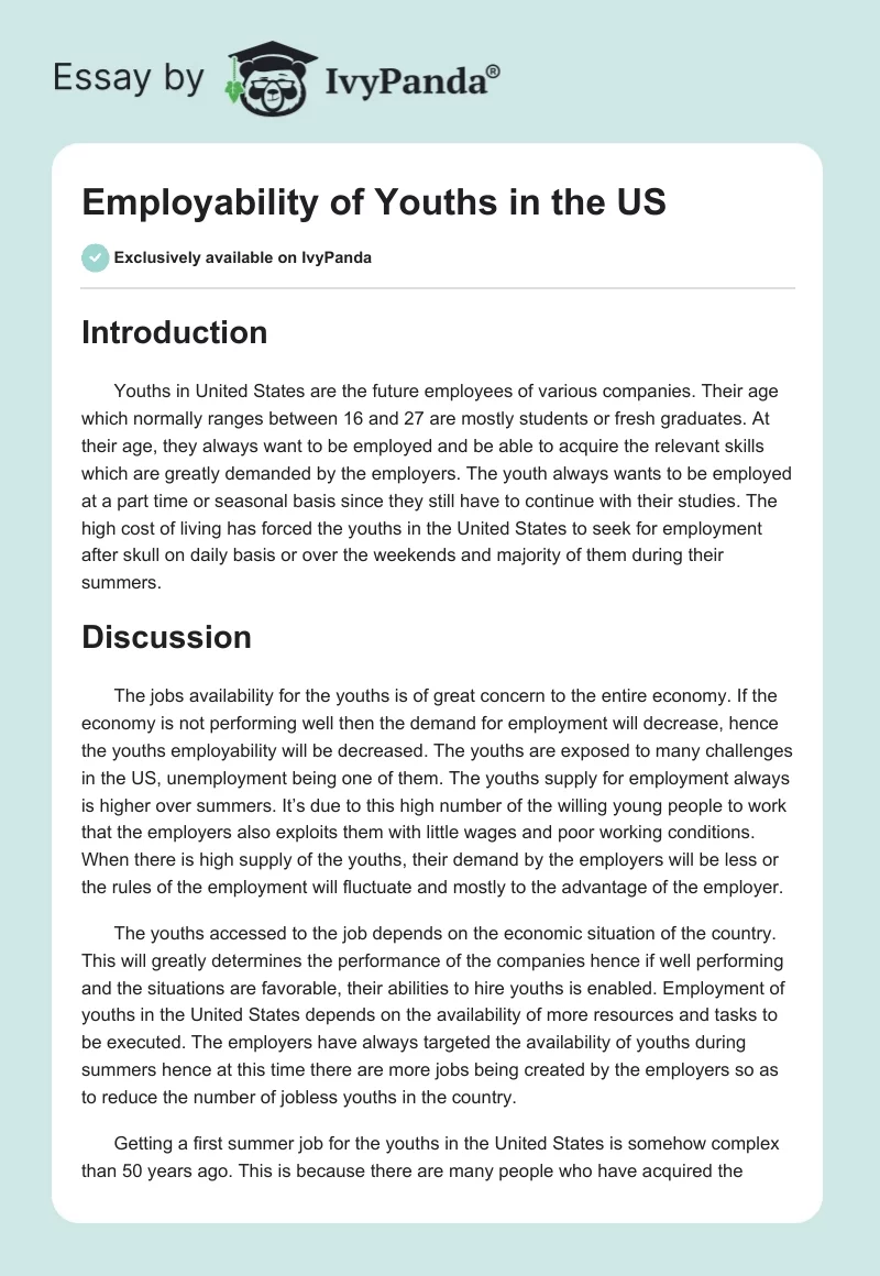 Employability of Youths in the US. Page 1