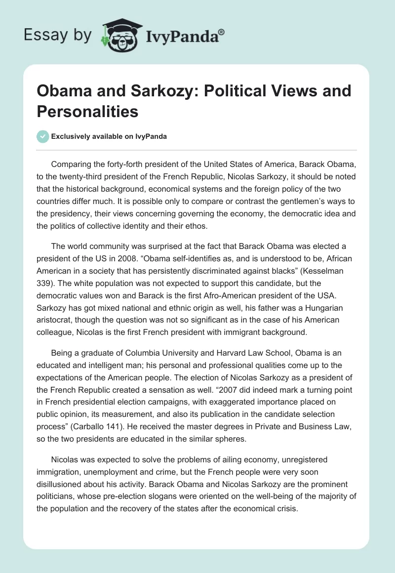 Obama and Sarkozy: Political Views and Personalities. Page 1
