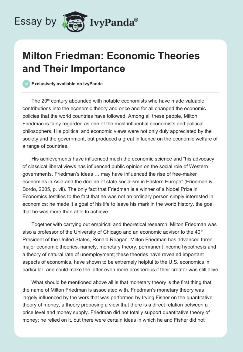 Milton Friedman: Economic Theories and Their Importance. Page 1
